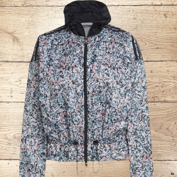 ADIDAS Womens Trefoil Floral Track Jacket‎ Full Zip Size M Black White Pink Blue - Picture 3 of 11